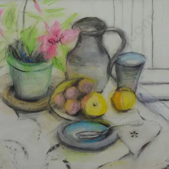 LINDSAY, Huia W. (1905-?) - Still Life - Flowers & Fruit on Table