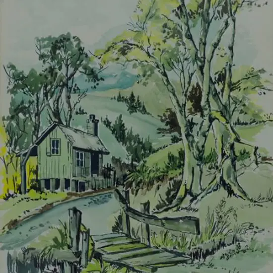 PROUT, Anthony A. (1946-) - Cottage in Hilly Landscape