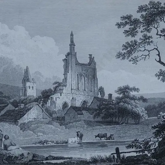 RUINED CASTLE with Cattle (19th Cent.) - Ruined Castle showing Cattle & Persons by River