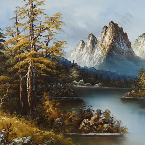 UNKNOWN - Mountain Scene, River and Cabin