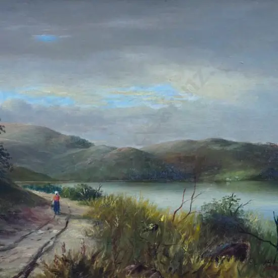 PERRETT, John Douglas (1859-1937) - Country Lane with Woman Walking & Lake