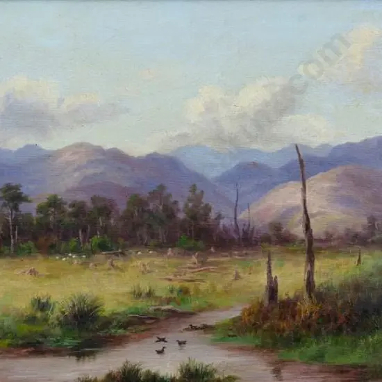 BAKER, William George (1864-1929) - Near Makarana - Country Scene with Hills, Cattle and Stream