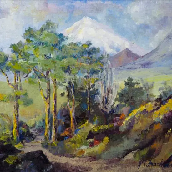 FRANK, J.M. - Mount Egmont with Fields, Trees & Narrow Country Road