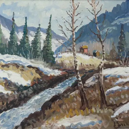 UNKNOWN - Mountain Stream with Cottage & Trees