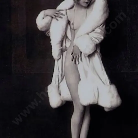 UNKNOWN - Semi-naked Lady in Pose - Wearing White Fur Coat - Sepia toned c.1920