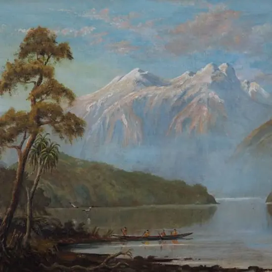 BLOMFIELD, Charles (1848-1926) - South Island Lake Scene with Mountain and Maoris in Canoe