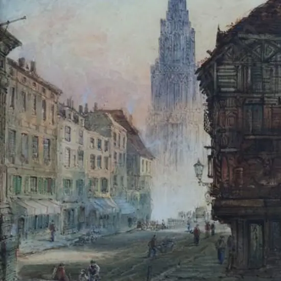 REVIL, E.R. - European Street Scene with Gothic Cathedral