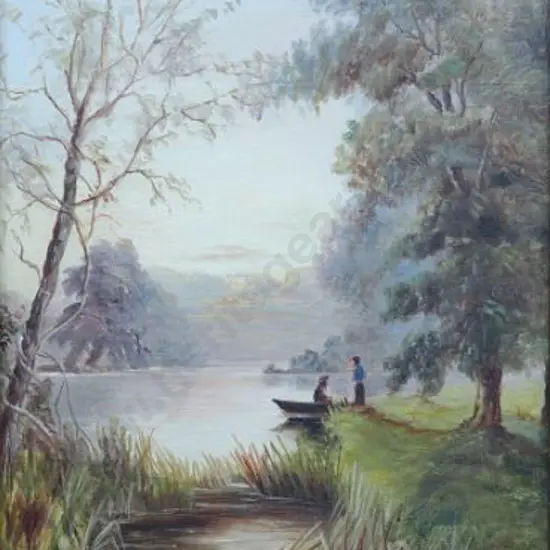 UNKNOWN Artist - Couple in Lake Scene with Reeds