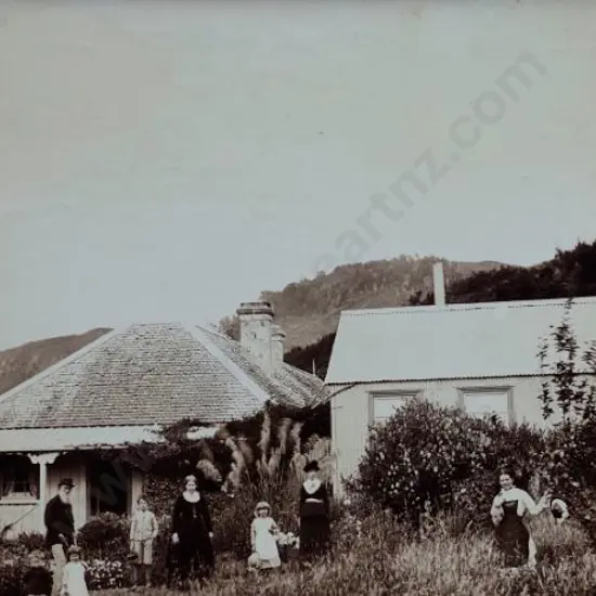 PHOTOGRAPHER, Unknown - Colonial Homestead with Family - Late 19th Century