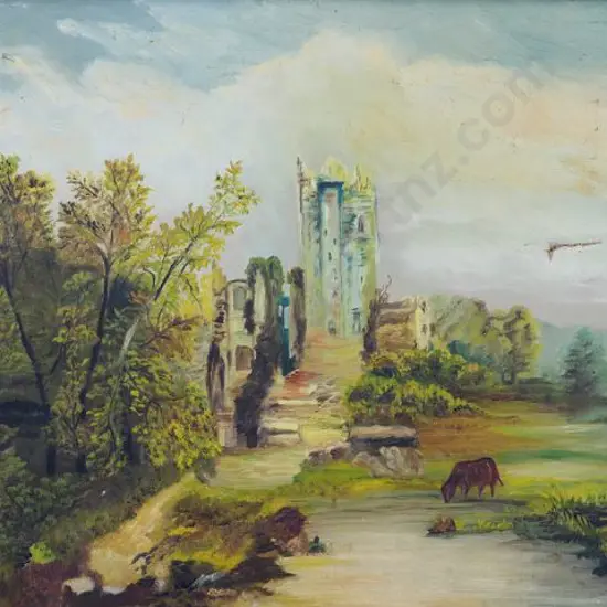 UNKNOWN - Castle with Cow in Country