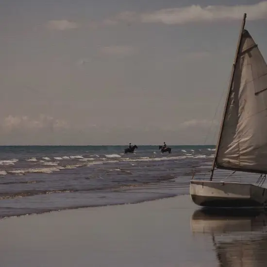 UNKNOWN - Boat on Beach with Horses & Riders in Water