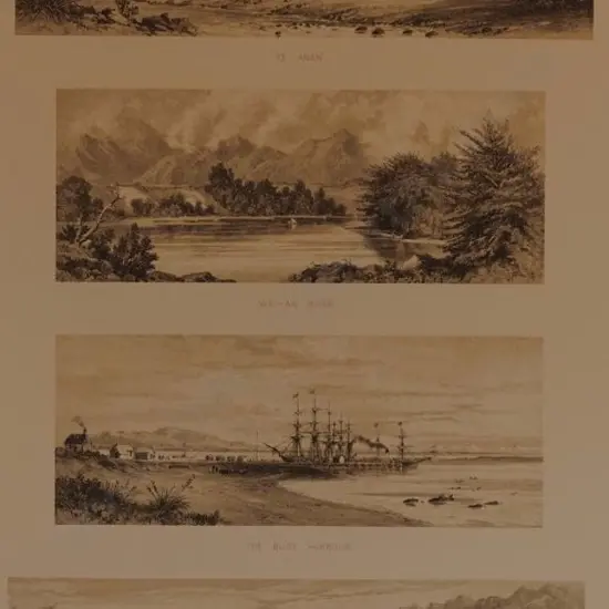 BARRAUD, Charles Decimus (1822-1897) - Te Anan, Waian River, The Bluff Harbour, Lake Manapouri - 4 Scenes from New Zealand Graphic & Descriptive (1877)