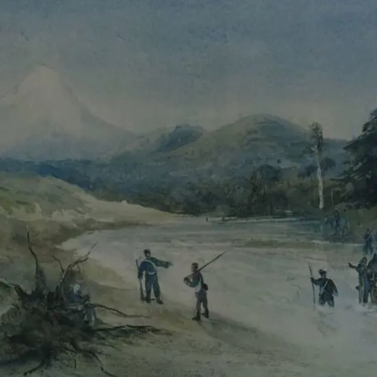 WILLIAMS, E. A. (1824-1898) - Bullock Drays crossing River below Mt Egmont, 1865