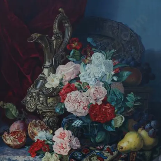 PEARS Print - Still Life - Roses and Fruit with Silver Jug