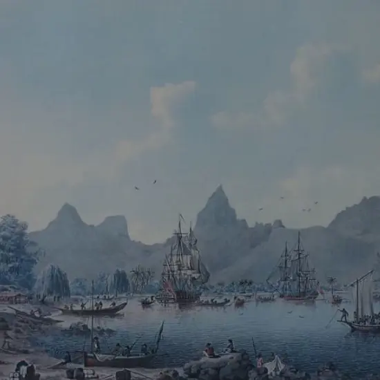 CLEVELEY, John, Jnr (1747-1786) - HMS Resolution and The Discovery in Moorea, Tahiti, 1777