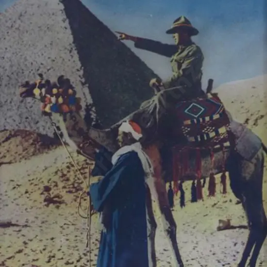 UNKNOWN photographer - WW1 Soldier on Camel by Pyramids