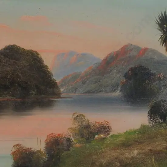 CROFT, Steven (Active late 1800s) - Sunset with Cabbage Trees & Lake