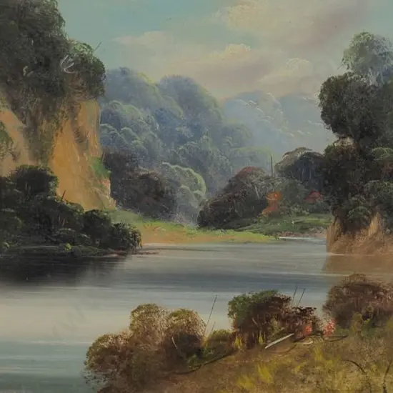 CROFT, Steven (Active late 1800s) - River with Cliffs & Bush