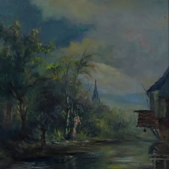 RYN, L.K. (19th Cent.) - Watermill on River outside Town