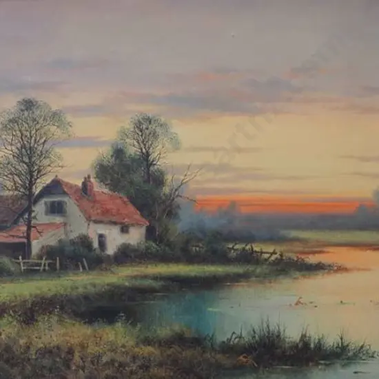 COLE, Herbert (1890-1962) - Farmhouse by Lake at Sunset