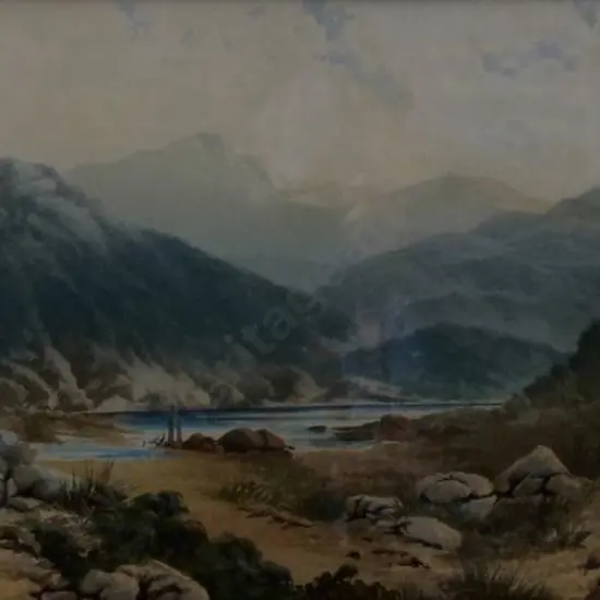 PEERLESS, Thomas (Tom) (1858-1896) - Mountain Scene with Lake and Sailboat