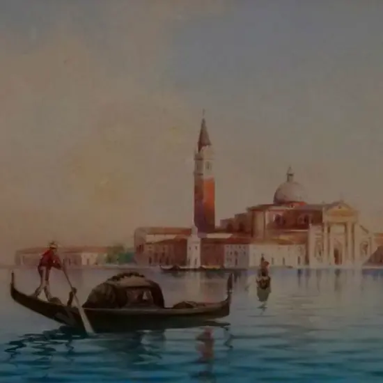 ONGARIA, Umberto (20th Cent.) - Gondola on Venice Waters in front of St Marks Square & Tower - early 20th Cent.
