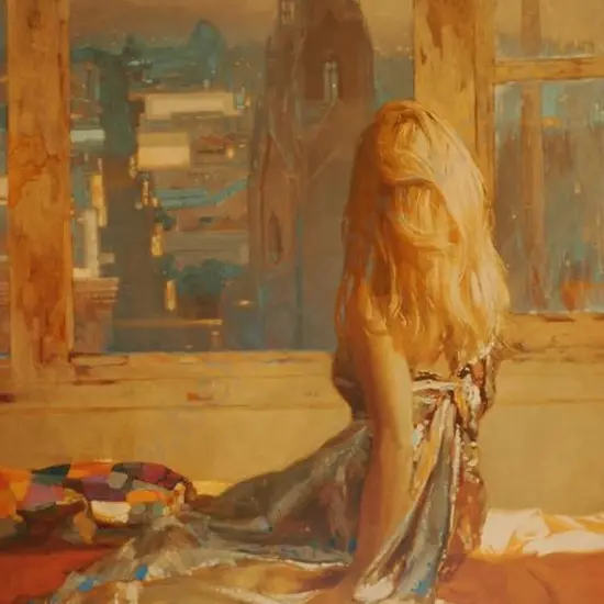 UNKNOWN Artist - Woman on Bed Looking at Church