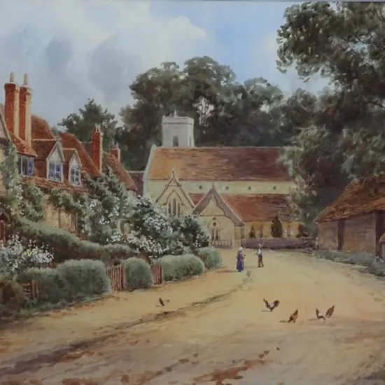 FOSTER, Harold (19th Cent.) - Country Scene with Cottages & Chickens