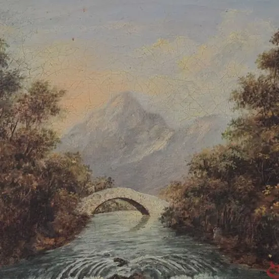 UNKNOWN (19th Cent.) - Mountain Stream with Curved Stone Bridge