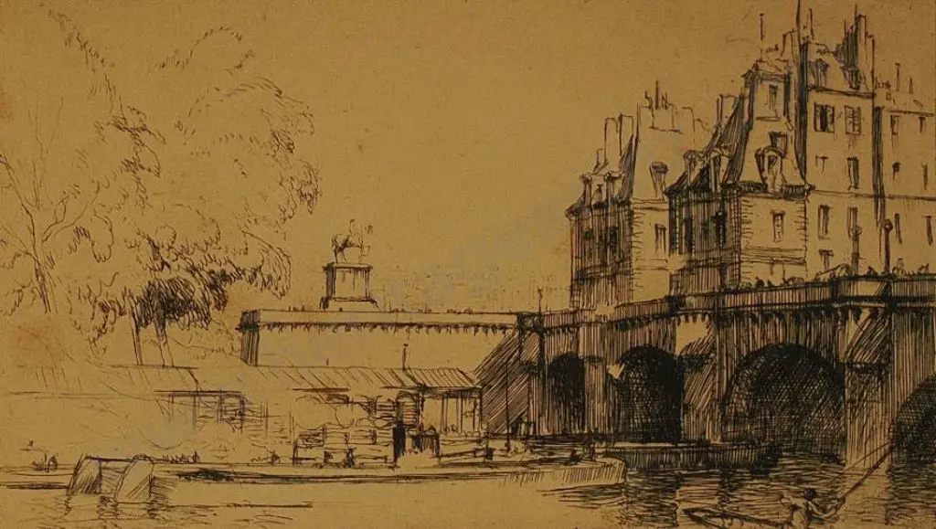 UNKNOWN Artist - Barge on River under Bridge Image 1++