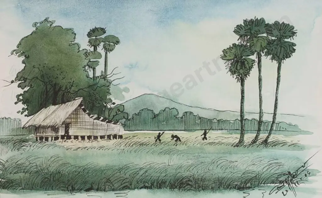 UNKNOWN artist - Asian Country Scene with Rice Paddy Image 1++