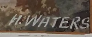 WATERS, H. (19th Cent.) - Maori Whare Alongside Lake and Hills Image 1++