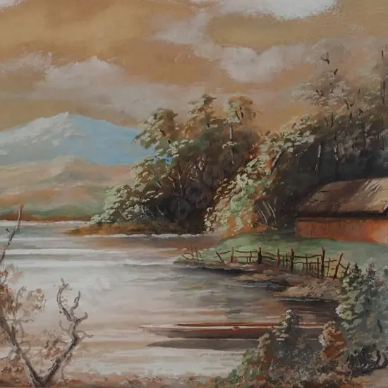 WATERS, H. (19th Cent.) - Maori Whare Alongside Lake and Hills