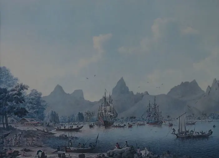 CLEVELEY, John, Jnr (1747-1786) - HMS Resolution and The Discovery in Moorea, Tahiti, 1777 Image 1++