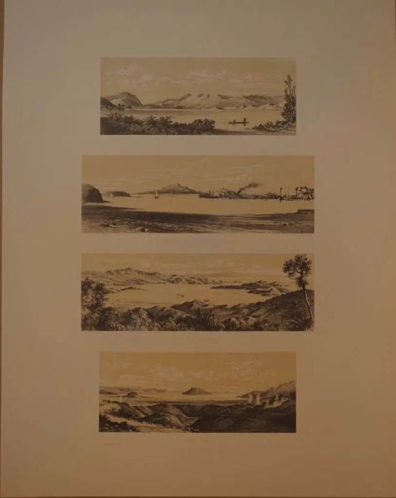 BARRAUD, Charles Decimus (1822-1897) - Roto Iti, Freeman's Bay Auckland Harbour, Coromandel Harbour, Rotorua - 4 Scenes from New Zealand Graphic & Descriptive (1877) Image 1++