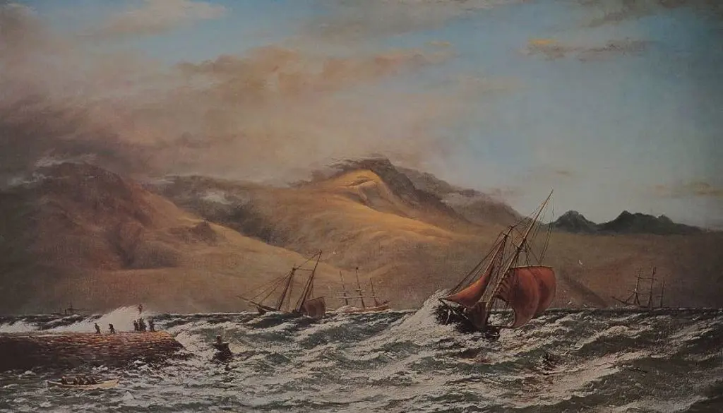 GIBB, John (1831-1909) - Schooner Running for the Tide, Lyttelton Harbour 1878 Image 1++