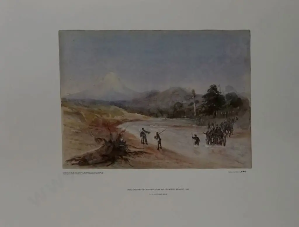 WILLIAMS, E.A. (1824-1898) - Bullock Drays Crossing River Below Mount Egmont 1865 Image 1++
