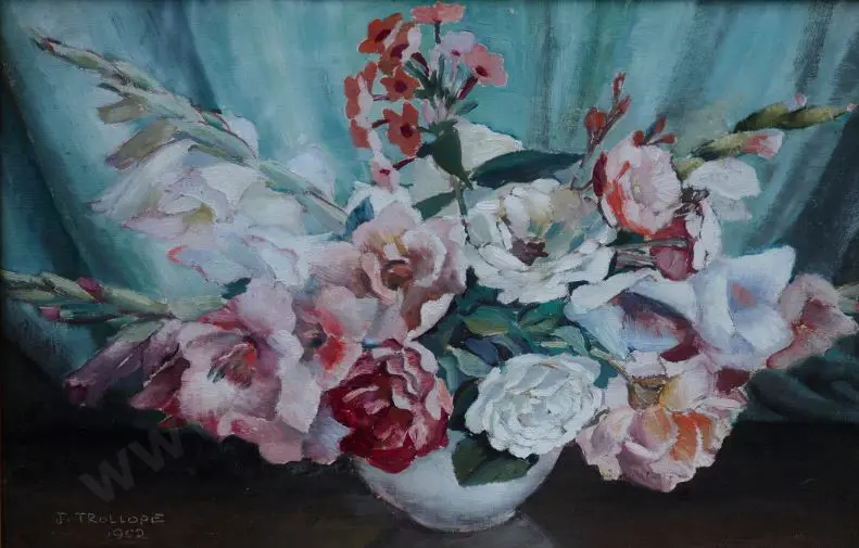TROLLOPE, Joan (Active 1960s) - Still life, Pink Flowers in Vase Image 1++