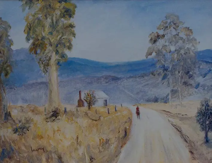 LEVEY - Outback Scene with Man on Horse and Cottage Image 1++