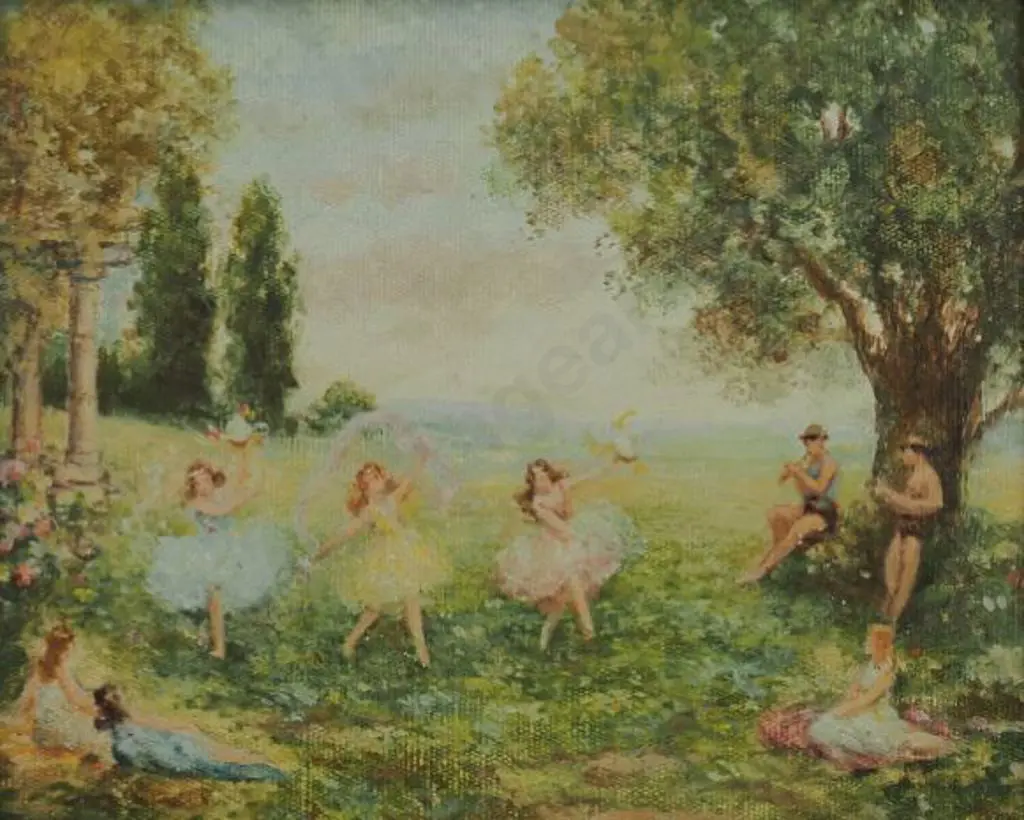 UNKNOWN artist - Dancing Girls in fields with Two Flautists Image 1++