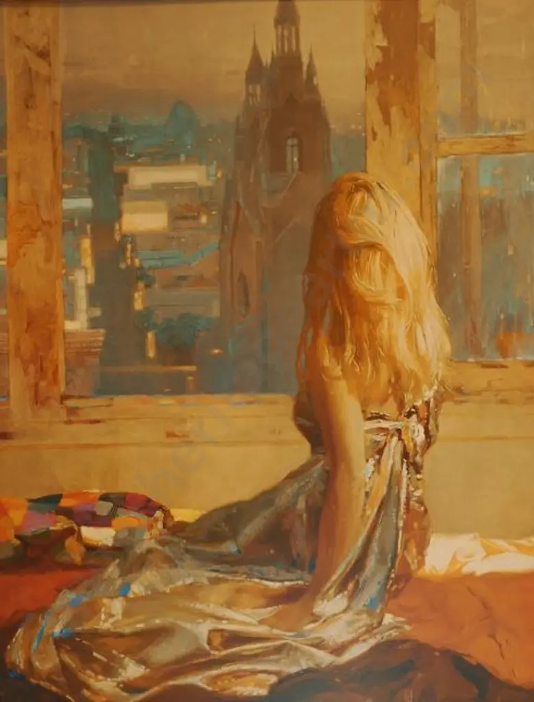 UNKNOWN Artist - Woman on Bed Looking at Church Image 1++