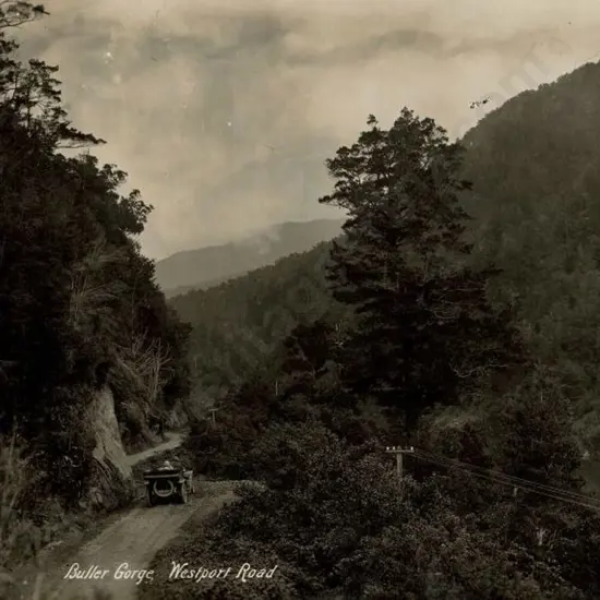 NZ GOVT PUBLICITY (Early 20th Cent.) - Buller Gorge, Westport Road with early Motorist, c. 1910