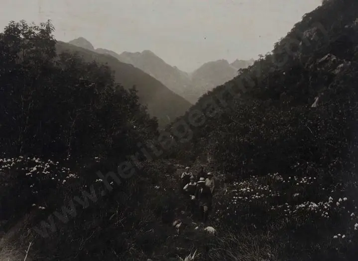 UNKNOWN Photographer - Wilmott Pass, Between Lake Manapouri & Doubtful Sound, with Trampers, c.1900 Image 1++