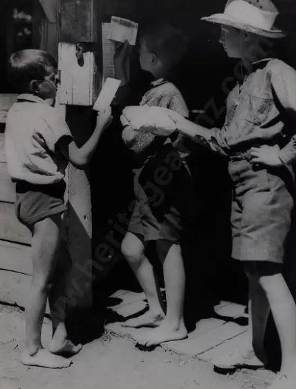 BROWNE, Victor Carlyle (1900-1980) - YMCA Camp Wainui - Boys Posting Mail for Home, c.1950 Image 1++