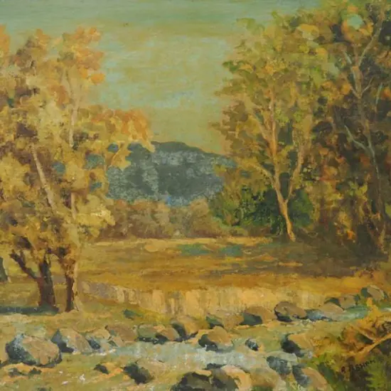 PERHAM, R. - Stream with Trees & Hill in Autumn
